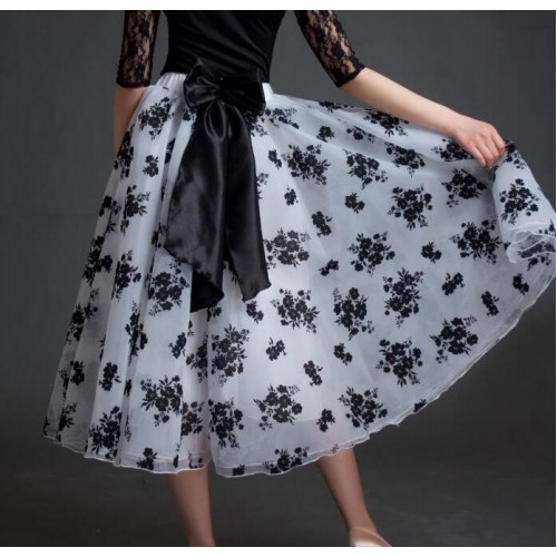 Women's girls white with flocking ballroom dancing skirts flamenco stage performance competition waltz tango dance skirts